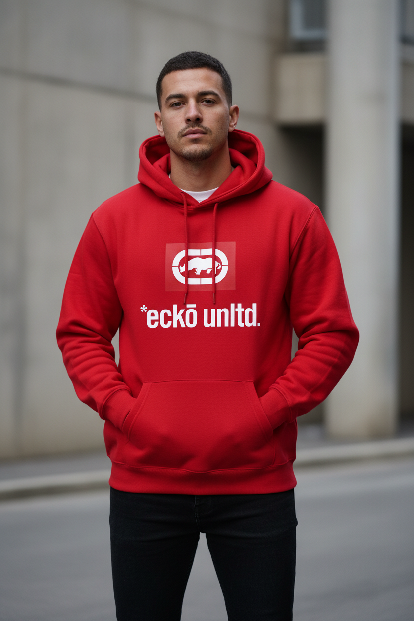 Male model wearing the red Men's Unltd. Graphic Hoodie