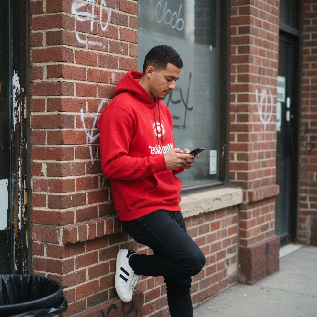 Mexican male model wearing the red Men's Unltd. Graphic Hoodie