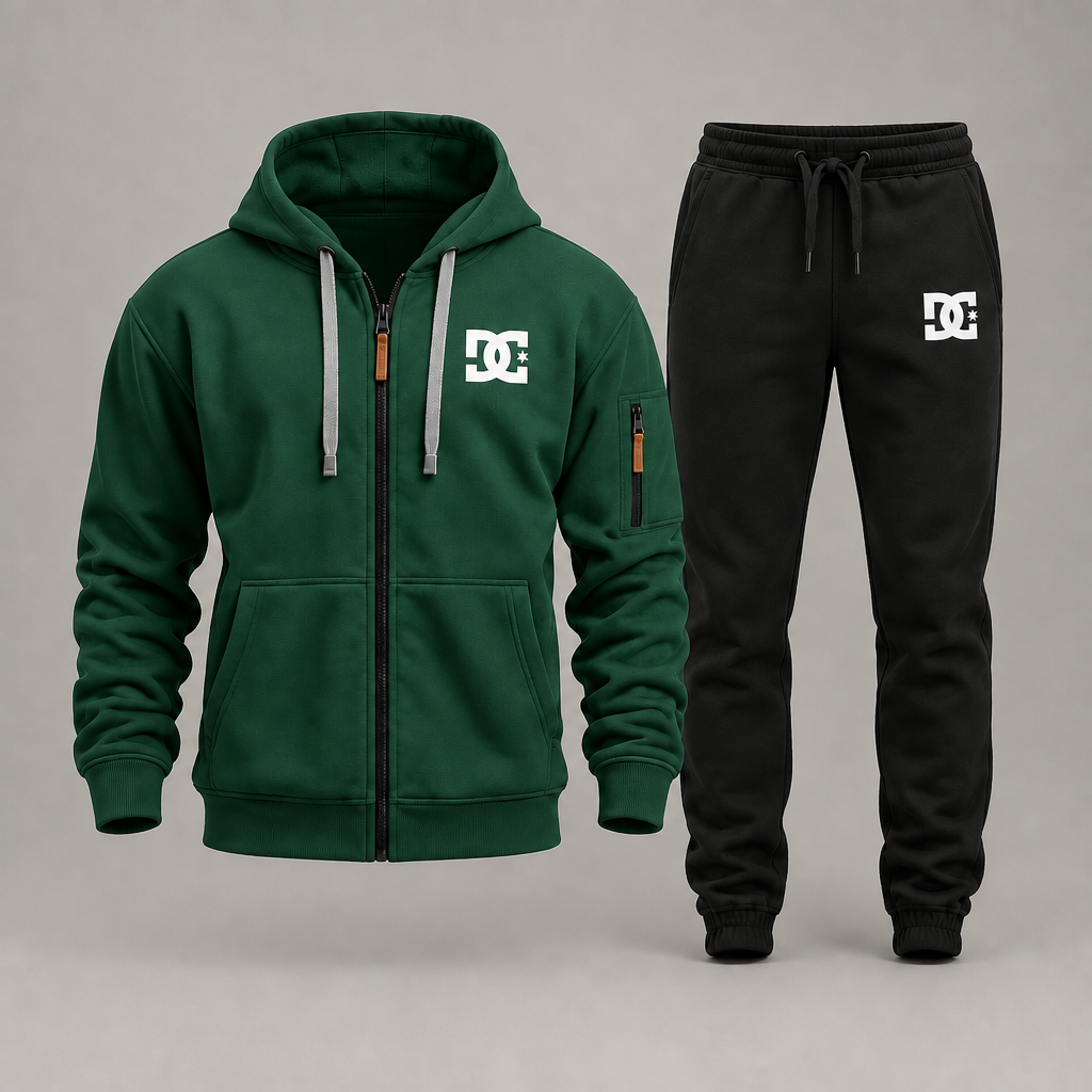 Forest green DC zip hoodie with black joggers on a gray studio background