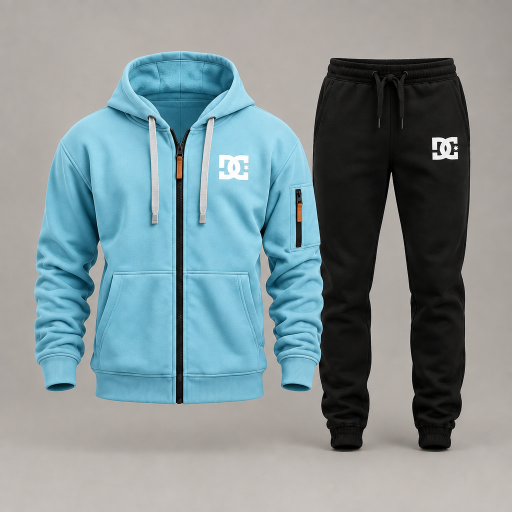 Light blue DC zip hoodie with black joggers on a gray studio background