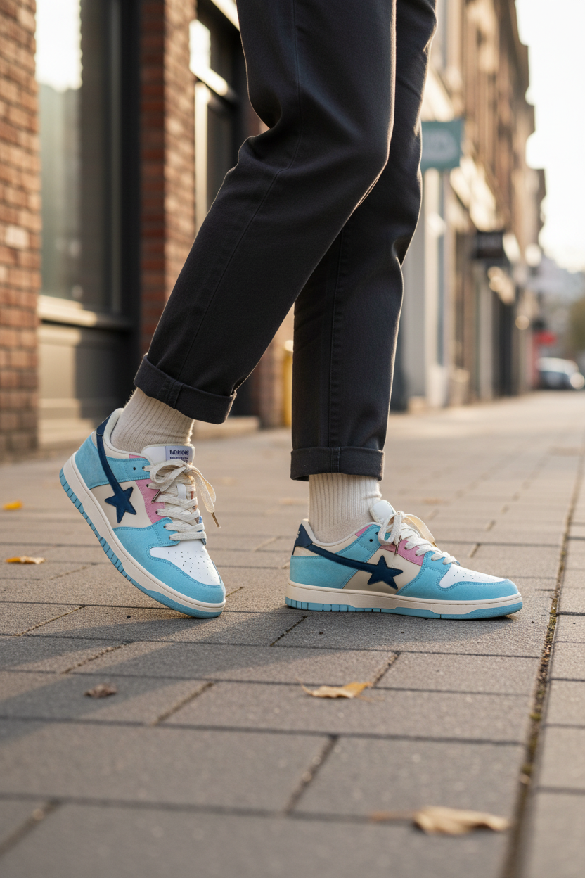 Blue pink and cream Streetline sneakers worn by a man on a city street