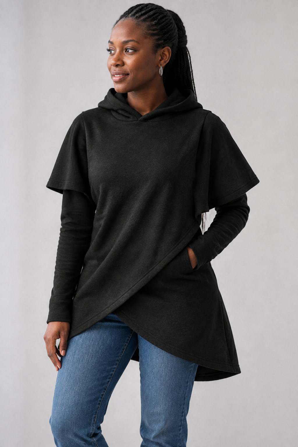 Black asymmetric hoodie with crossover wrap front, front view