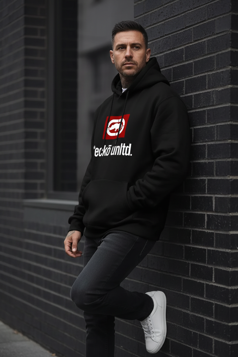 Male model wearing the black Men's Unltd. Graphic Hoodie