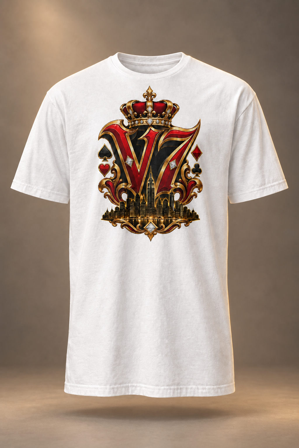 White V7 Empire short-sleeve tee with gold-and-red NYC crest on a warm neutral studio background