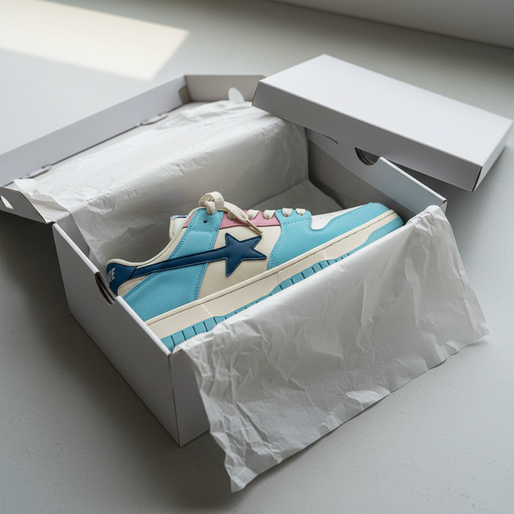 Blue pink and cream Streetline sneaker inside an open shoe box