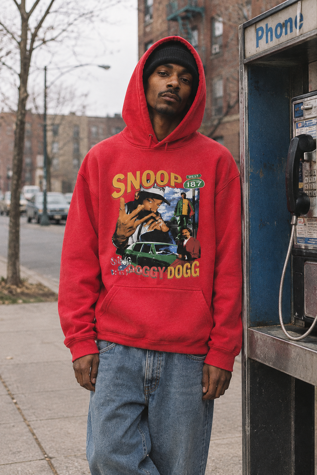 Person wearing the Snoop Dogg graphic hoodie in Color 9 beside a payphone on a quiet city block.
