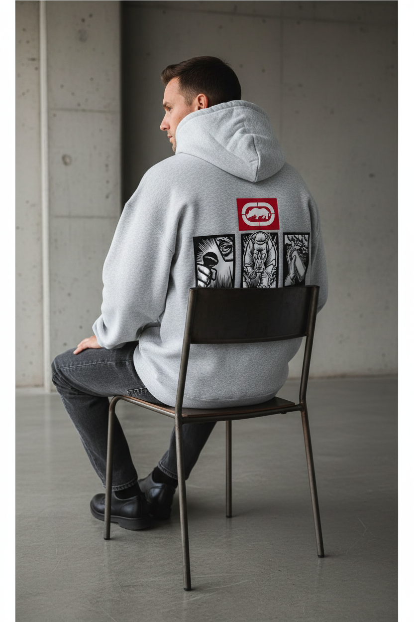 White male model seated in the Men's Unltd. Graffiti Hoodie