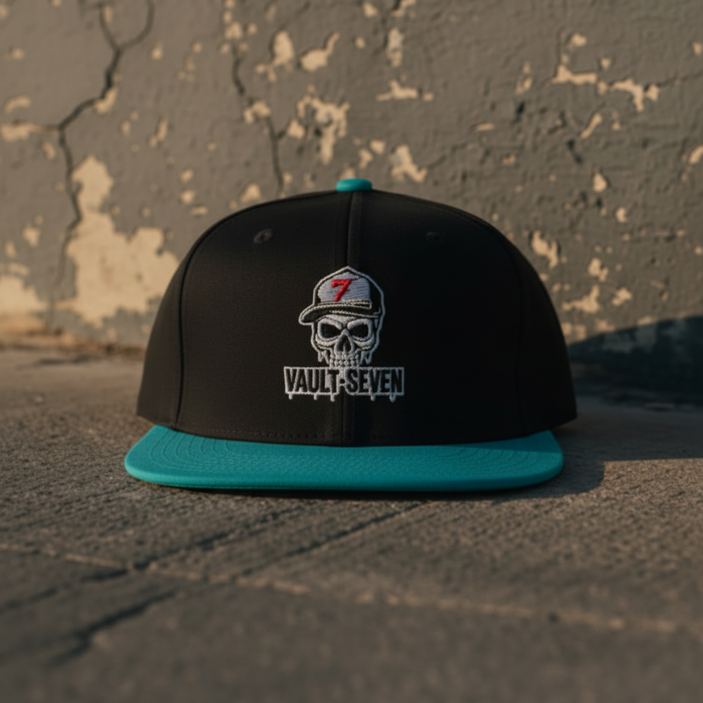 Front view of black and teal Vault-Seven Street Issue Flatbill