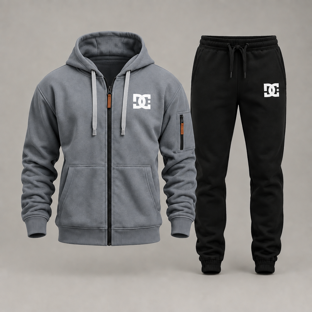 Medium gray DC zip hoodie with black joggers on a gray studio background