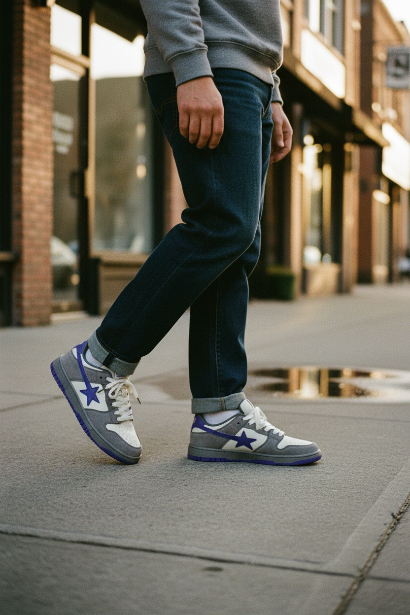Gray and purple Streetline sneakers worn by a man on a city street