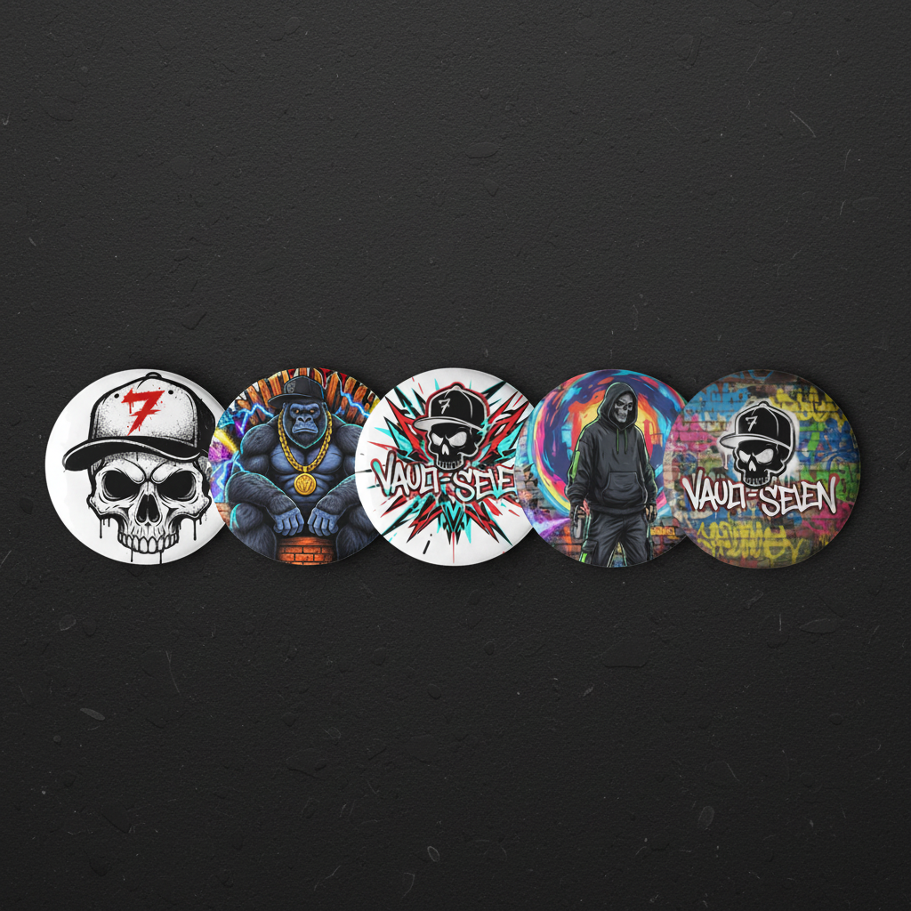 Five Vault-Seven graphic pin buttons displayed on a matte charcoal concrete background