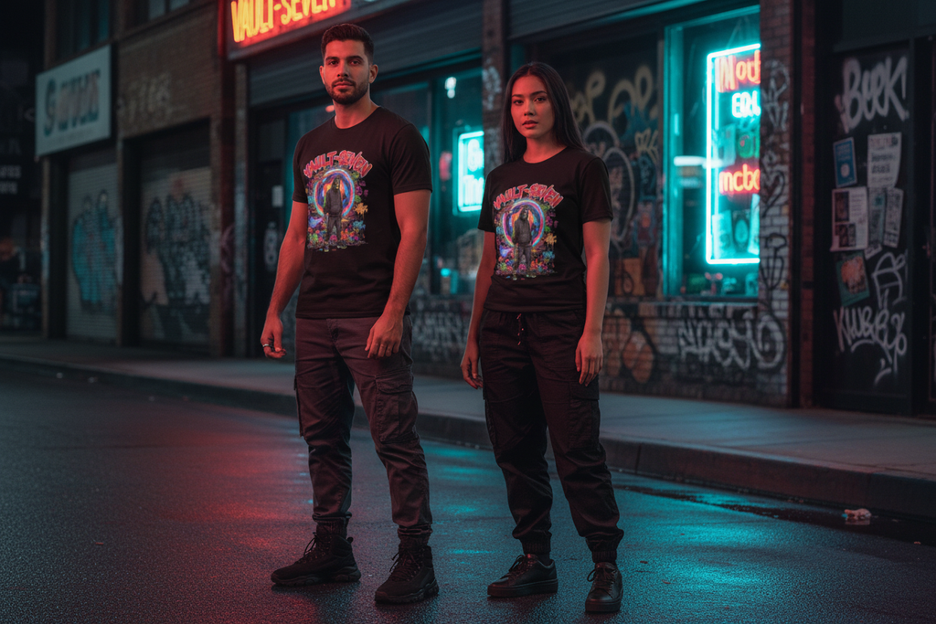 Two models wearing the Vault-Seven Hooded Reaper graphic tee in a neon-lit streetwear campaign photo