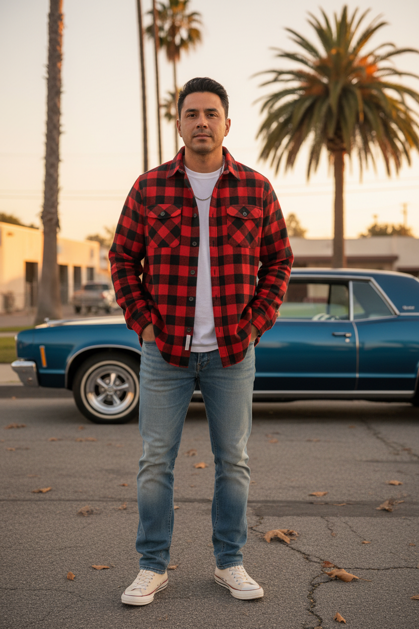 Man wearing a red plaid long sleeve flannel shirt beside a classic lowrider on a West Coast fall street