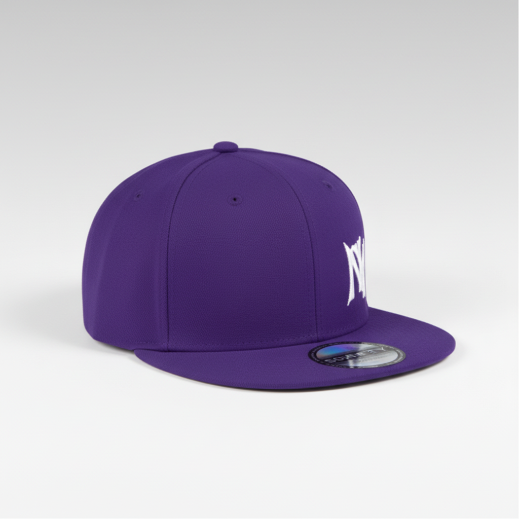 Purple NY flat-brim snapback cap on a clean light studio background