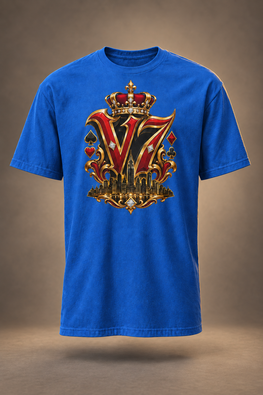 Royal blue V7 Empire short-sleeve tee with gold-and-red NYC crest on a warm neutral studio background