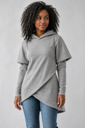 Heather grey asymmetric hoodie with crossover wrap front and cape shoulder, front view