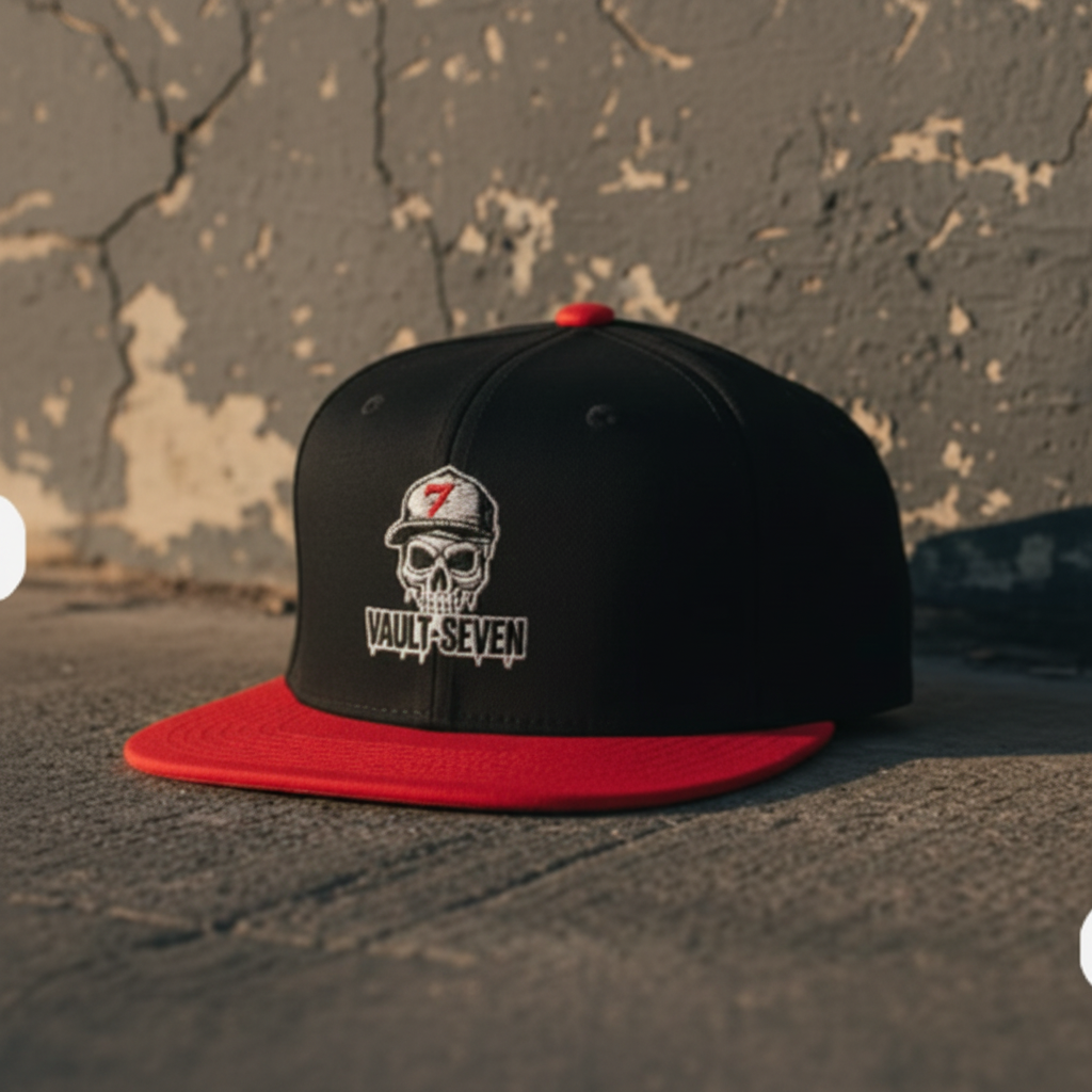 Black and red Vault-Seven Street Issue Flatbill on a gritty concrete background