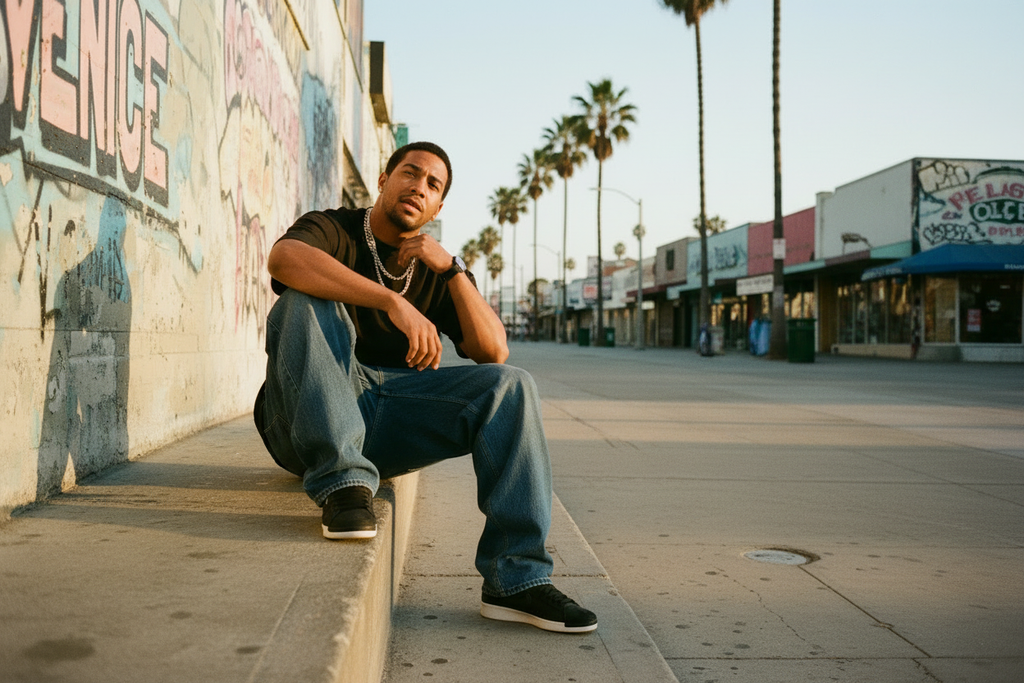 Rapper in baggy jeans and chains seated beside a Venice boardwalk mural wearing black low-top skate sneakers