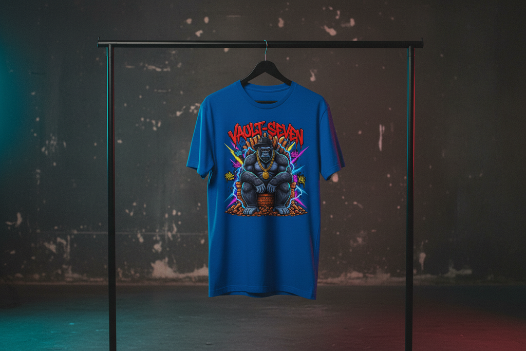 True Royal Vault-Seven Gorilla Graphic Tee hanging on a black clothes hanger against a dark industrial background