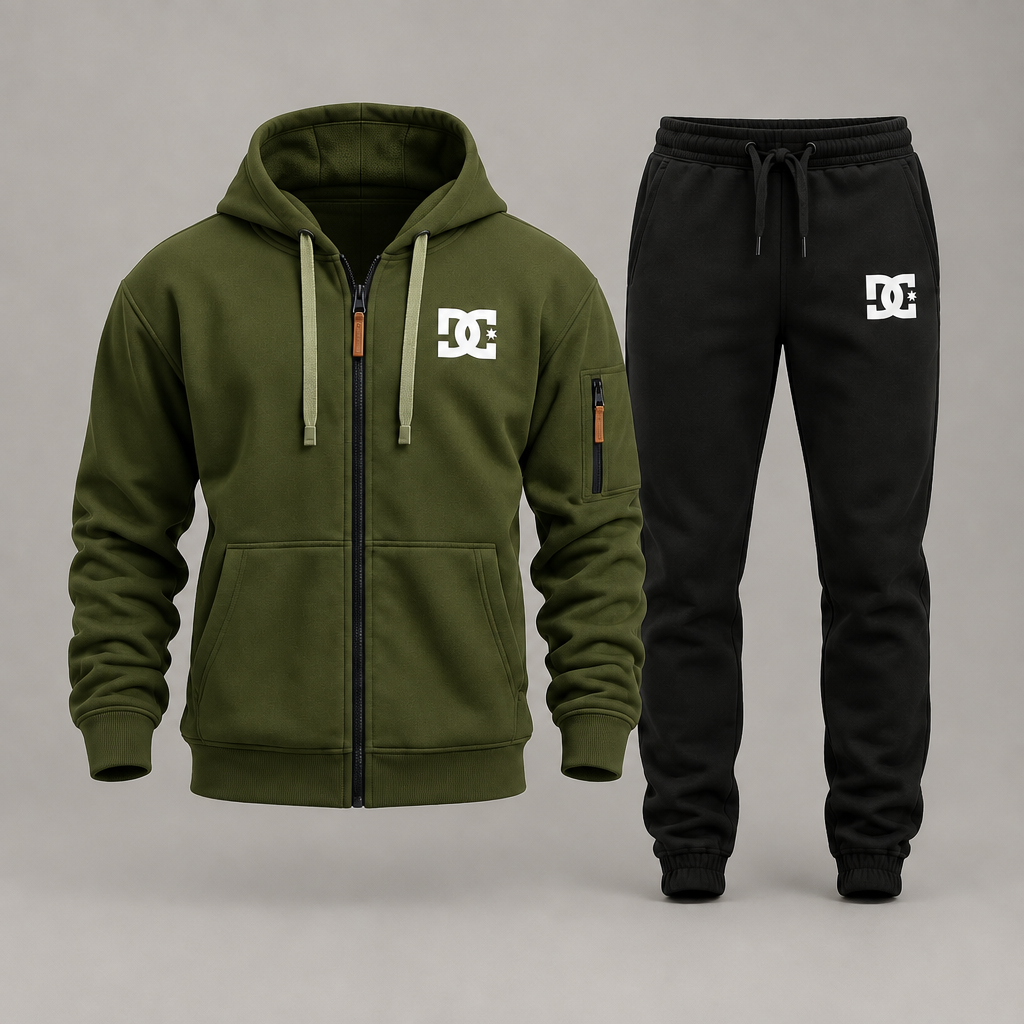 Olive green DC zip hoodie with black joggers on a gray studio background