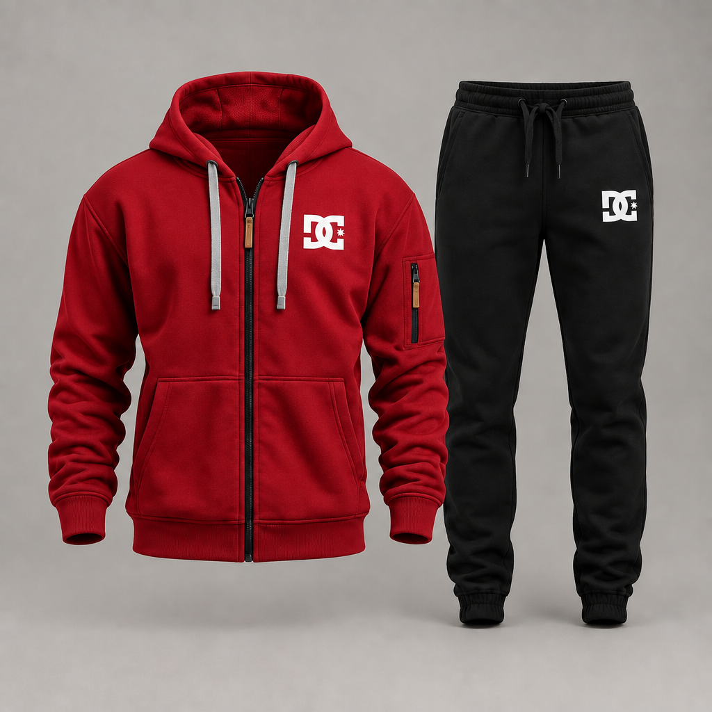 Red DC zip hoodie with black joggers on a gray studio background