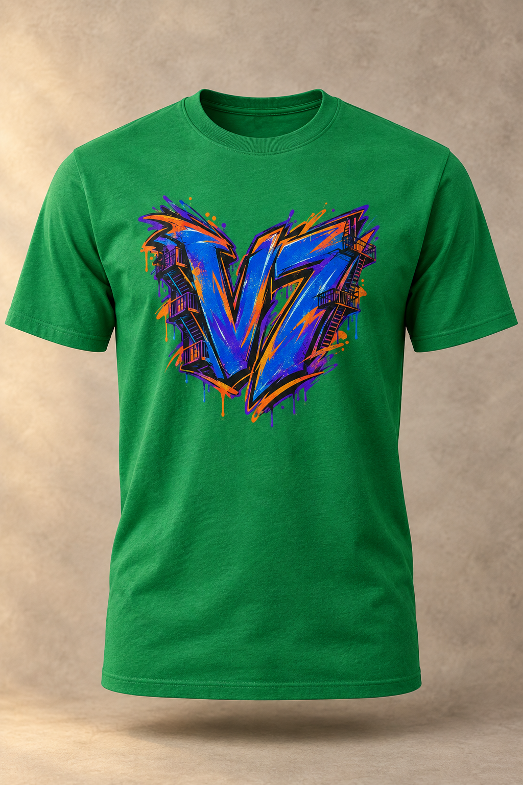 Irish Green men's V7 City Static T-shirt with the blue, purple, and orange graffiti artwork on a warm studio background