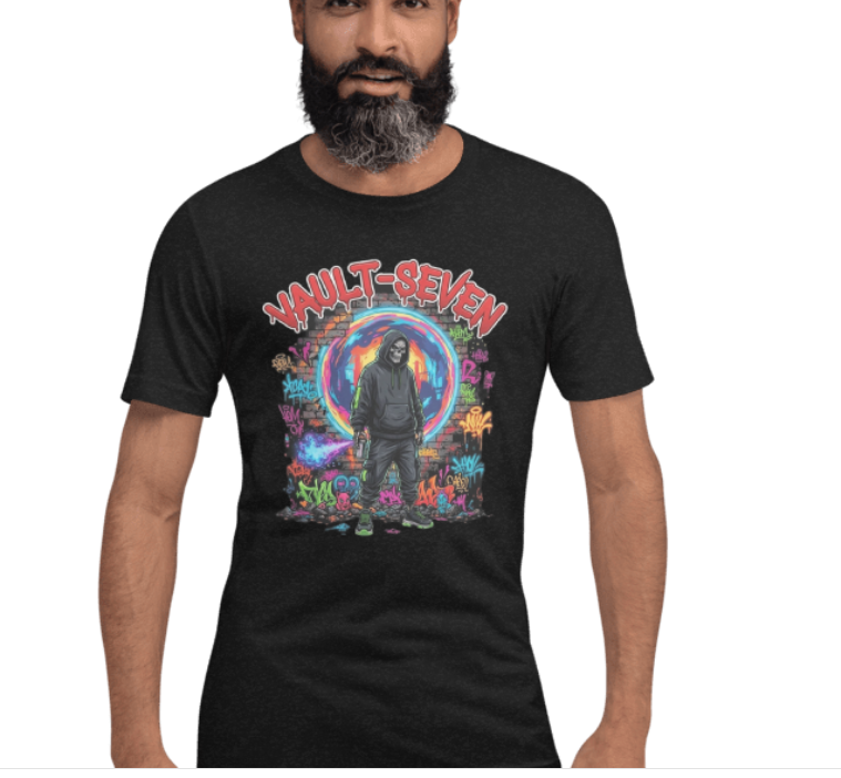 Black Vault-Seven T-shirt featuring a hooded reaper, neon portal, and graffiti graphic