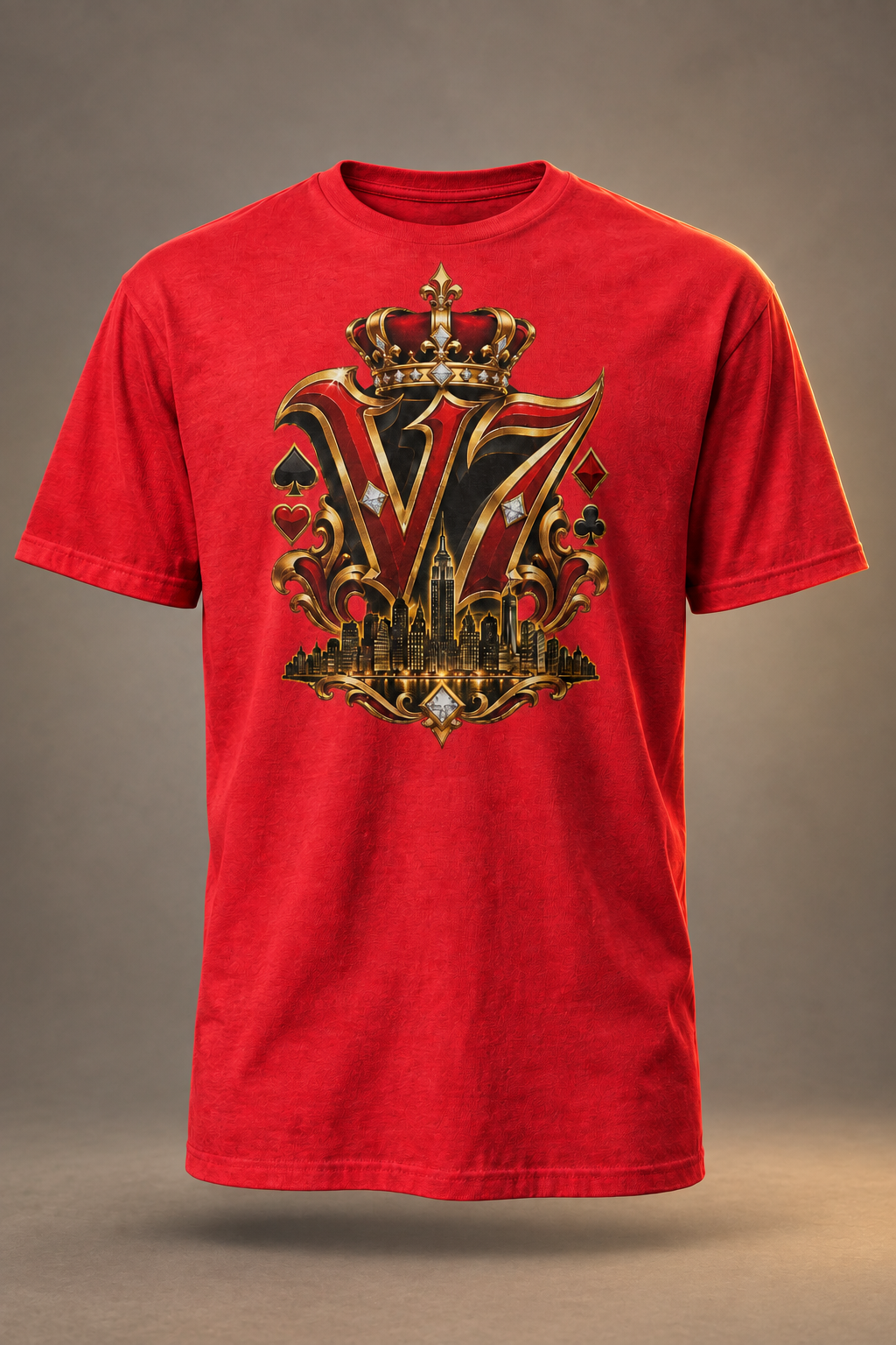 Red V7 Empire short-sleeve tee with gold-and-red NYC crest on a warm neutral studio background