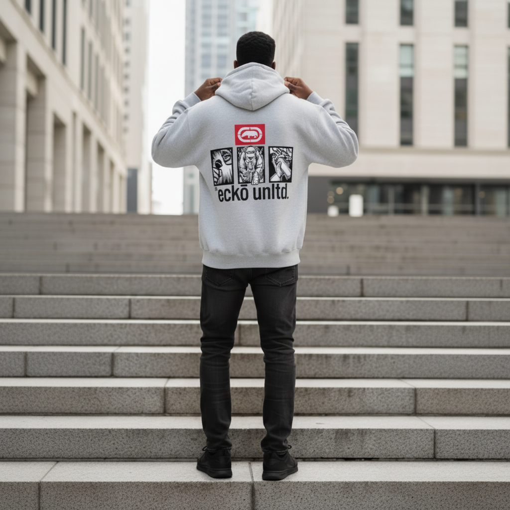 Male model wearing the light gray Men's Unltd. Graffiti Hoodie from behind on city steps