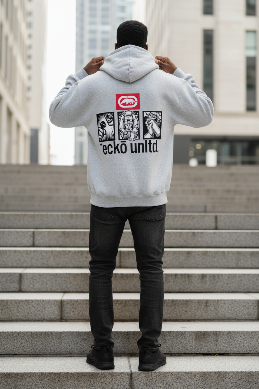 Black male model adjusting the hood on the Men's Unltd. Graffiti Hoodie
