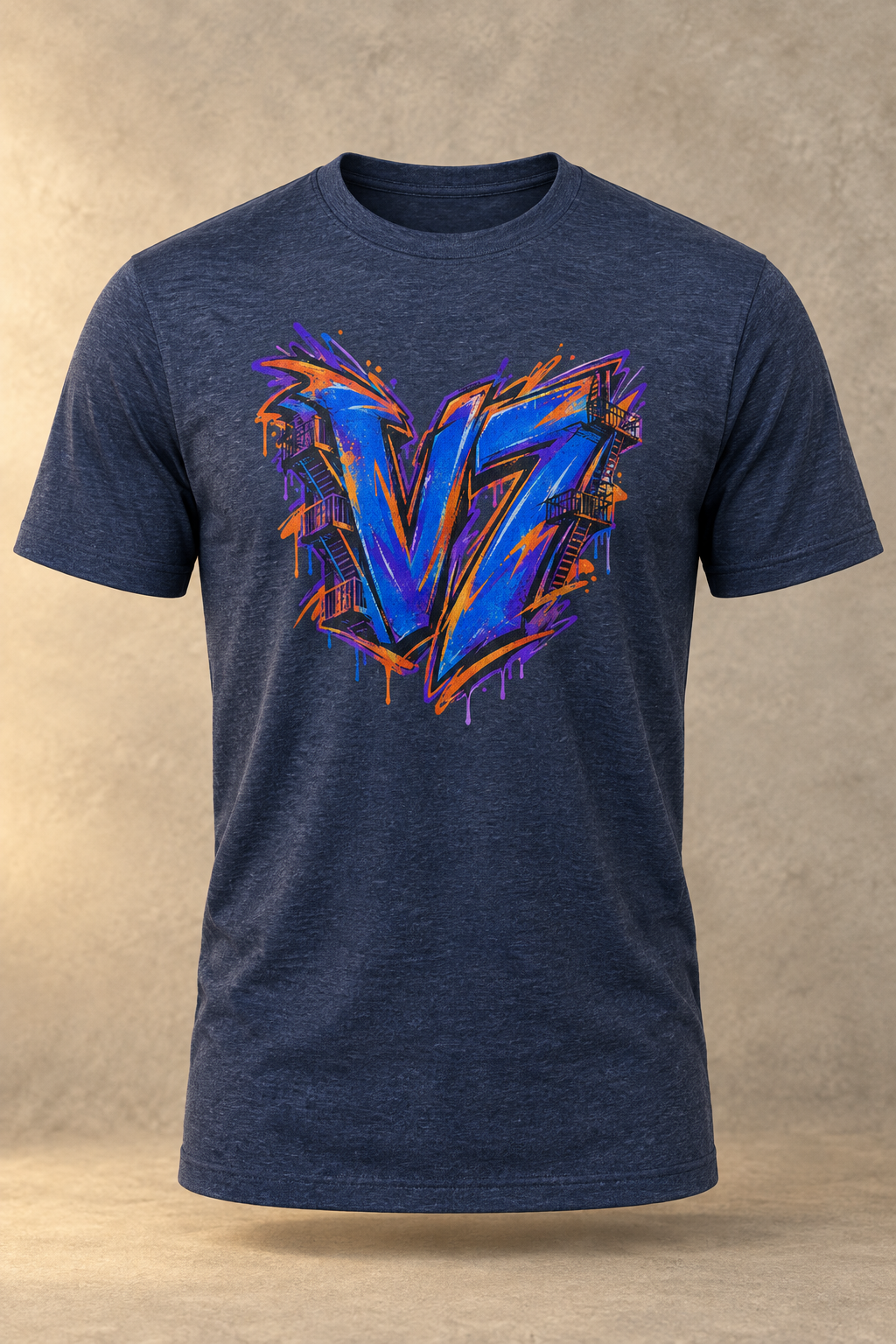 Heather Navy men's V7 City Static T-shirt with the blue, purple, and orange graffiti artwork on a warm studio background