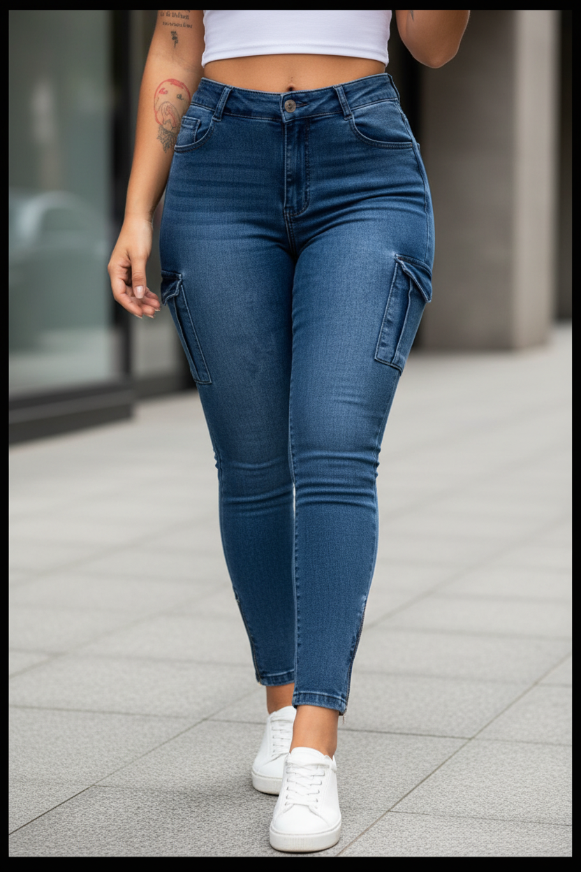 Cropped daylight lifestyle view of medium-blue skinny cargo jeans with outer-thigh pockets and ankle zippers