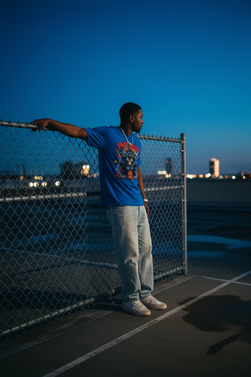 Man wearing the True Royal Vault-Seven Gorilla Graphic Tee on a rooftop basketball court at dusk