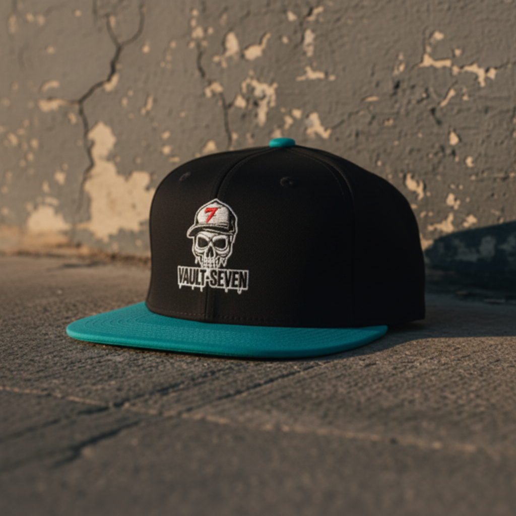 Black and teal Vault-Seven Street Issue Flatbill on a gritty concrete background
