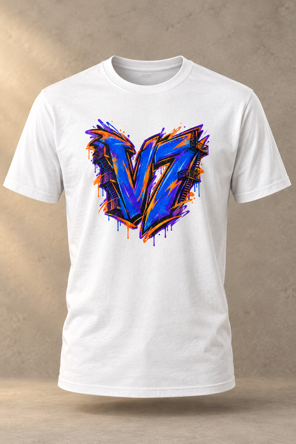 White men's V7 City Static T-shirt with the blue, purple, and orange graffiti artwork on a warm studio background