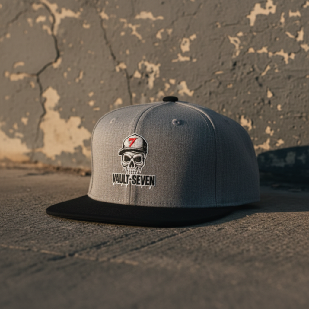 Heather gray and black Vault-Seven Street Issue Flatbill on a gritty concrete background