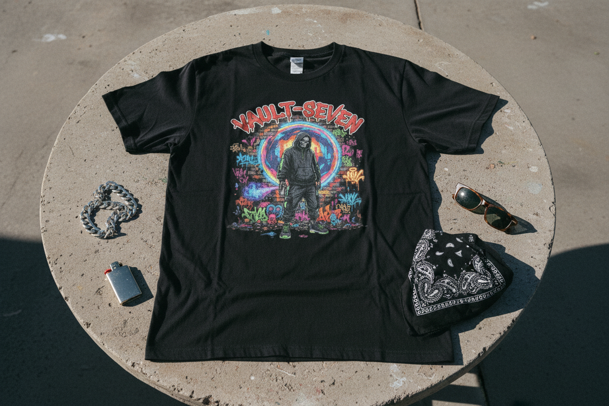 Vault-Seven Hooded Reaper graphic tee laid on a concrete table in a gritty West Coast streetwear scene