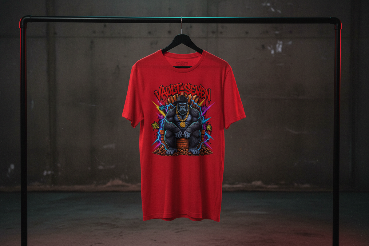 Red Vault-Seven Gorilla Graphic Tee hanging on a black clothes hanger against a dark industrial background