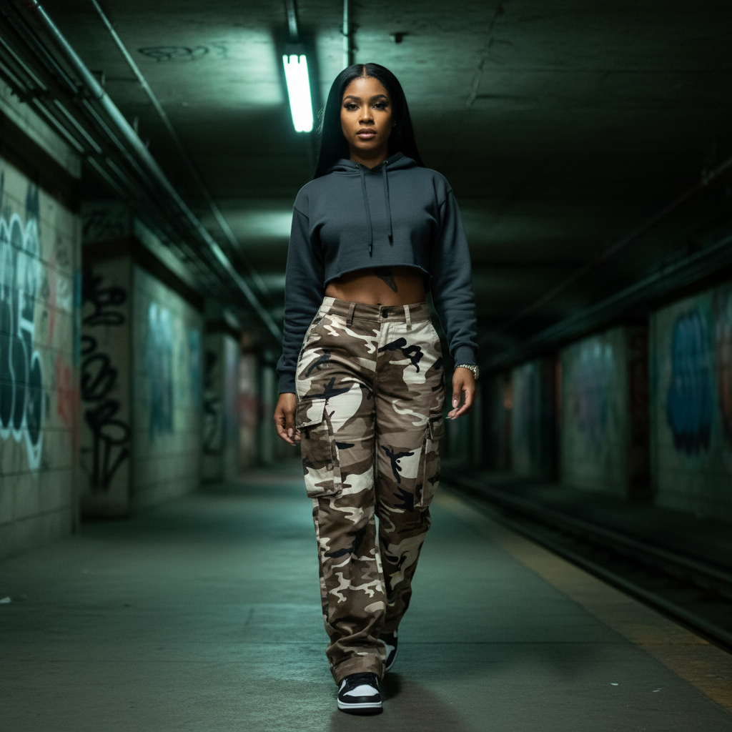 Woman wearing brown, cream, black, and grey camouflage cargo pants in a subway corridor.