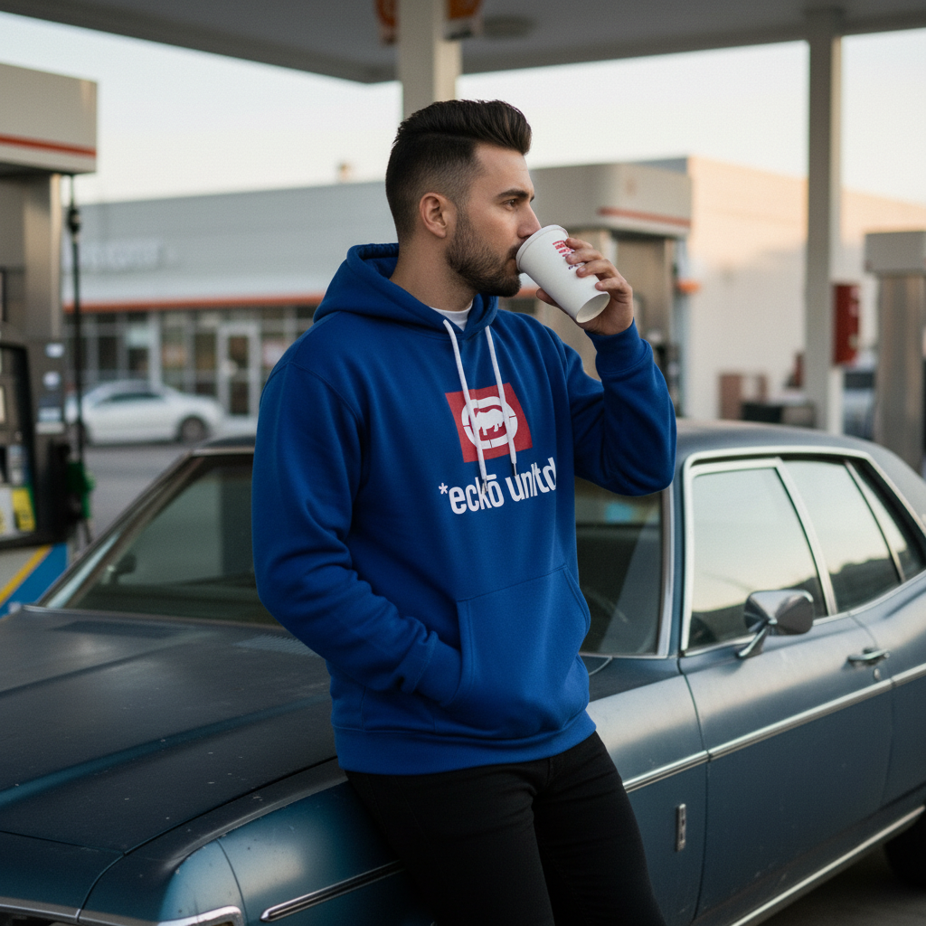 Mexican male model wearing the blue Men's Unltd. Graphic Hoodie