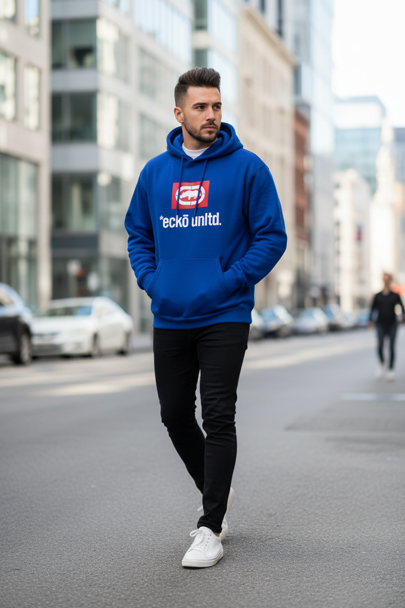 Male model wearing the blue Men's Unltd. Graphic Hoodie