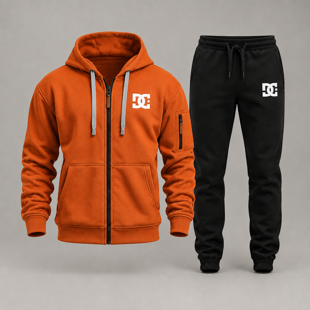 Orange DC zip hoodie with black joggers on a gray studio background