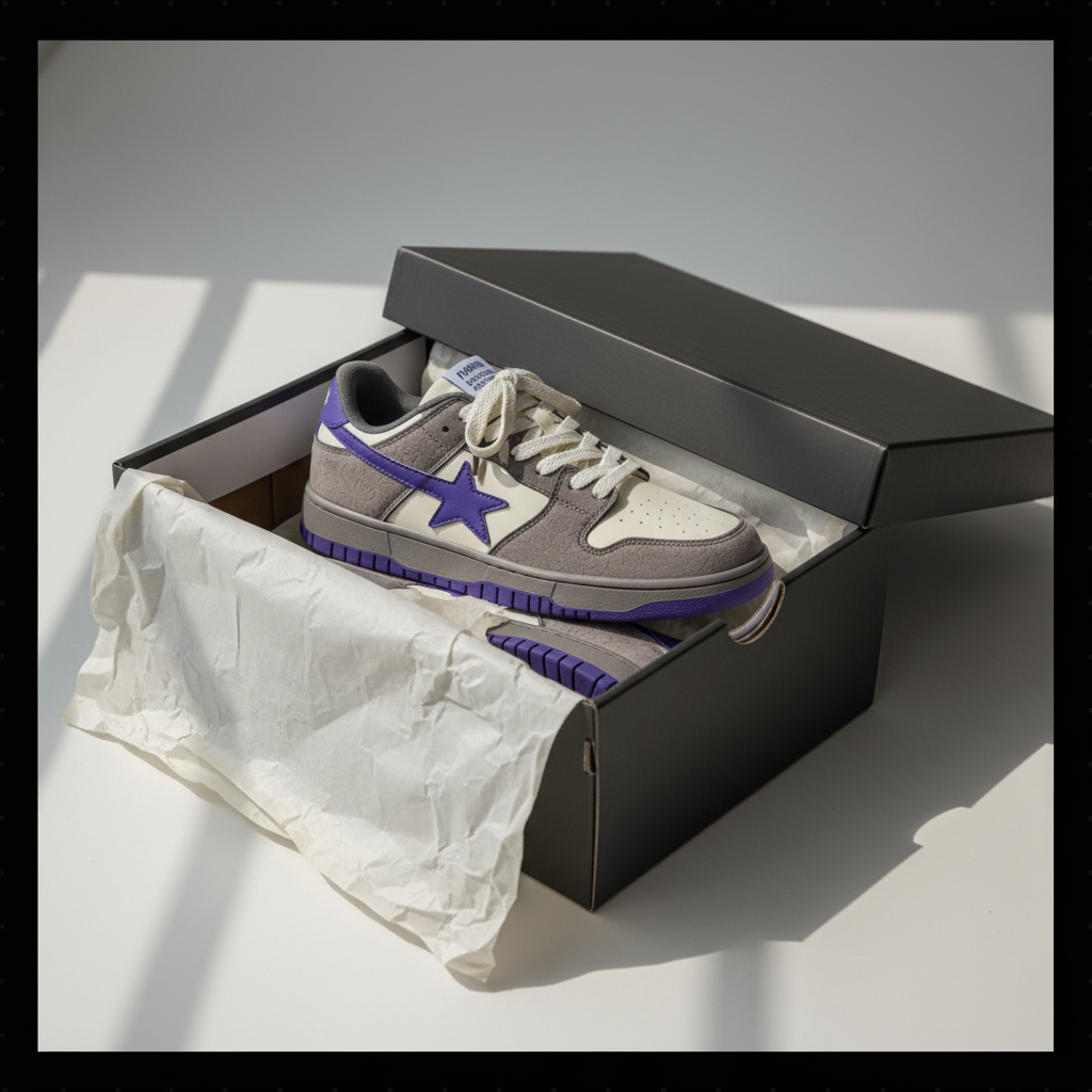 Gray and purple Streetline sneaker inside an open shoe box