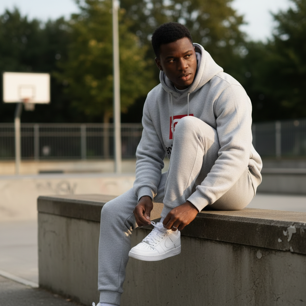 Black male model wearing the gray Men's Unltd. Graphic Hoodie