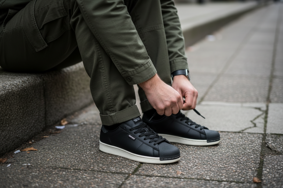 Close-up of a man tying the laces on black low-top skate sneakers with white rubber soles