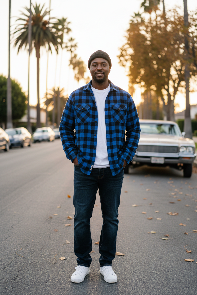 Black man wearing a blue plaid long sleeve flannel shirt on a West Coast fall street beside a classic car