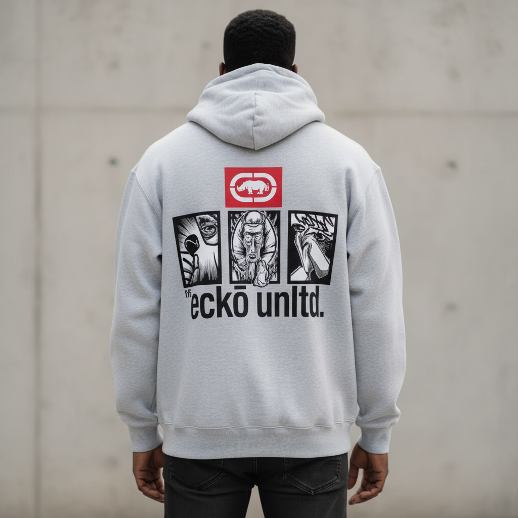 Close rear view of the light gray Men's Unltd. Graffiti Hoodie back artwork