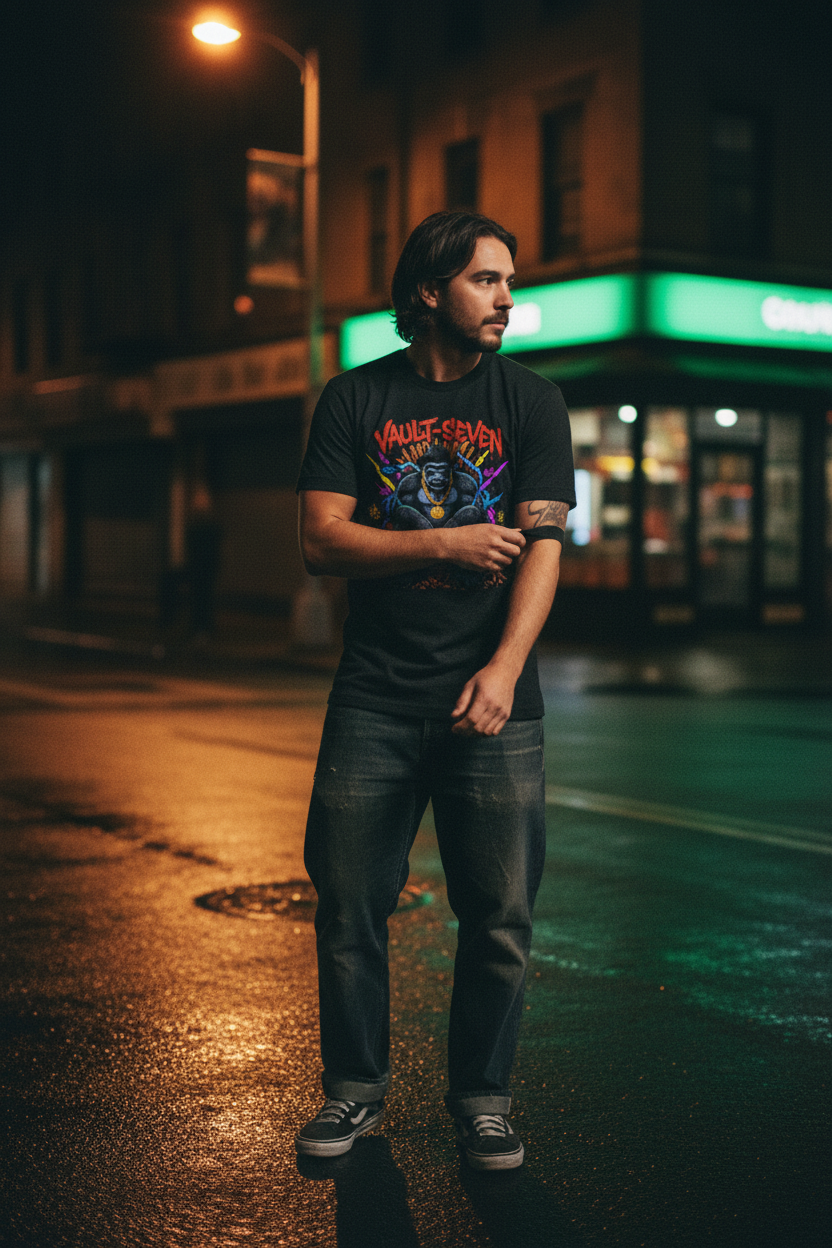 Man wearing the Black Heather Vault-Seven Gorilla Graphic Tee on a lit city street at night