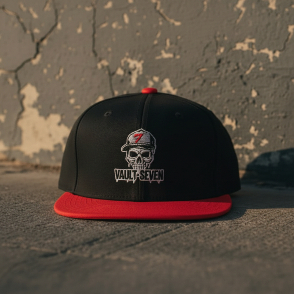 Front view of black and red Vault-Seven Street Issue Flatbill
