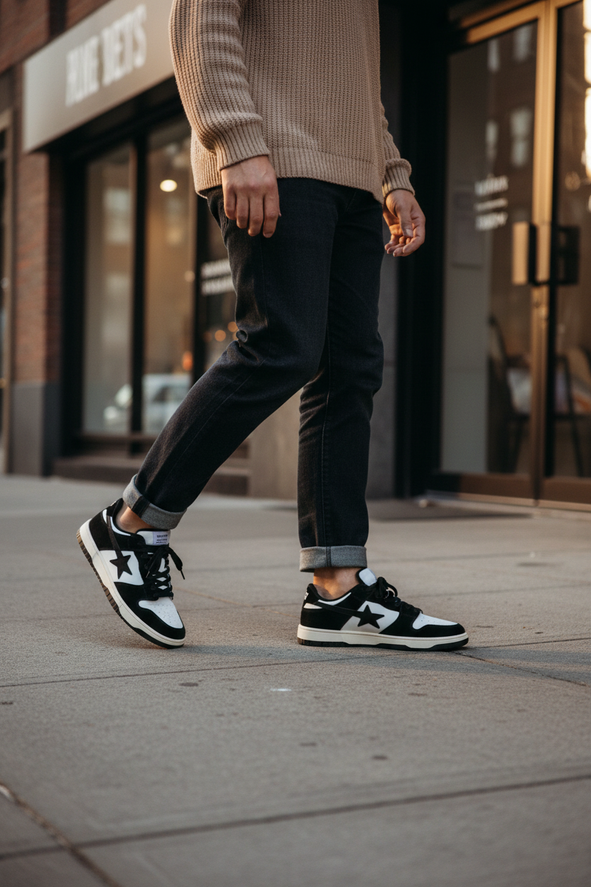 Black and white Streetline sneakers worn by a man on a city street